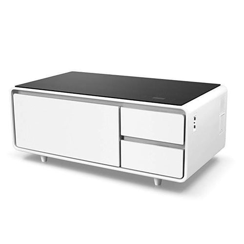 Coffee Table with Refrigerator Drawer Bluetooth Speakers, LED Lights, USB Charging Ports for Tablets, Laptops, or a Cell Phone - Perfect for Parties or Entertaining, White