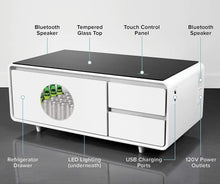 Load image into Gallery viewer, Coffee Table with Refrigerator Drawer Bluetooth Speakers, LED Lights, USB Charging Ports for Tablets, Laptops, or a Cell Phone - Perfect for Parties or Entertaining, White
